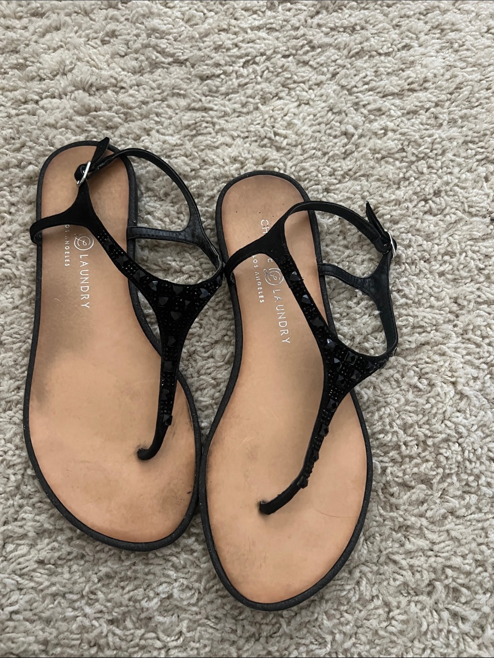 Chinese Laundry Black Jeweled T-Strap Sandals